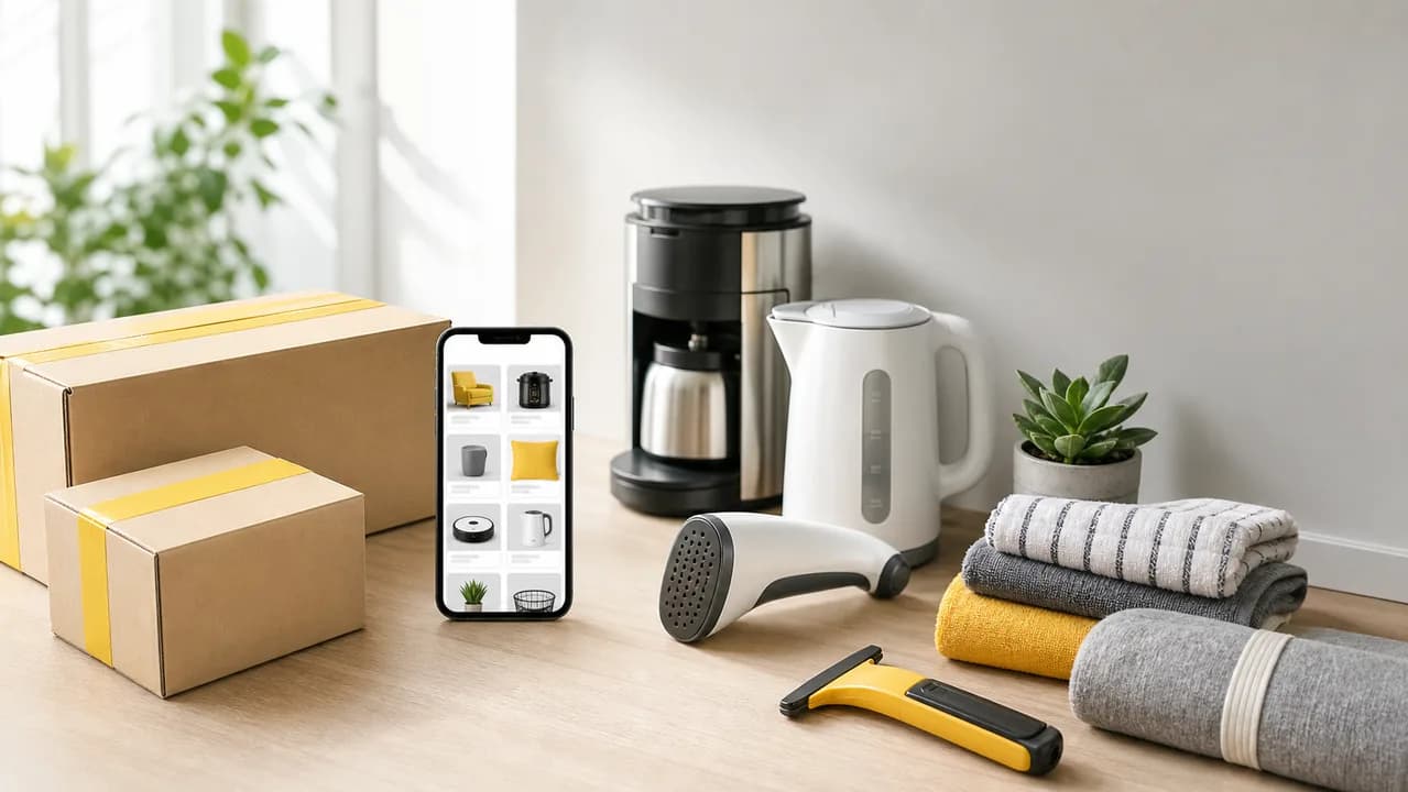 Посылки, товары для дома и смартфон с каталогом маркетплейса